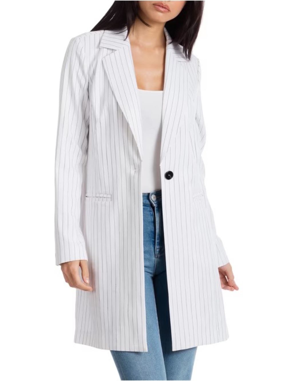 Avec Les Filles Pinstriped Longline One-Button Blazer
